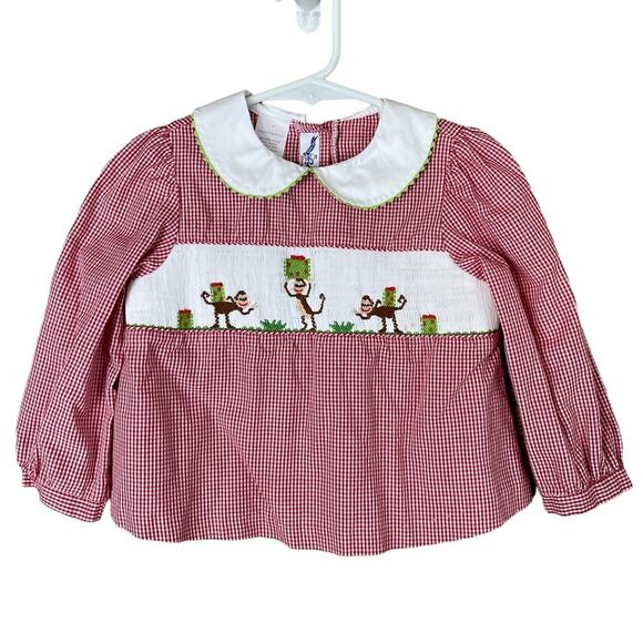 Silly Goose Hand Smocked Christmas Red Gingham Long Sleeve Monkey Top Size 2T - Picture 1 of 7